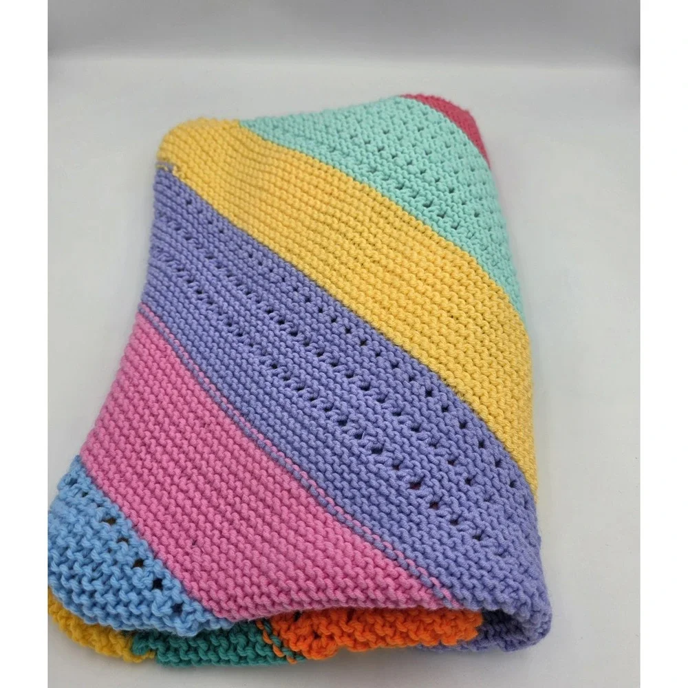 Handmade Crochet Baby Blanket Afghan Throw Rainbow Stripe Bright Colorful 32×30